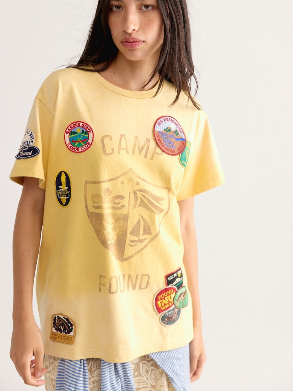 NWT $145 Free People X Found Embroidered Patches Oversized Camp Tee Faded Gold